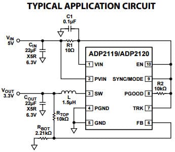 Typical Application for ADP2119 2A/1.25A, 1.2 MHz, Synchronous Step-Down DC to DC Regulator