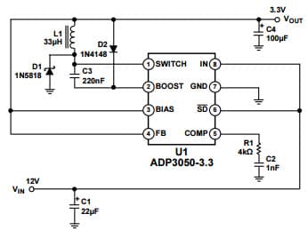 Typical Application for ADP3050 1A High Voltage Step-Down Switching Regulator