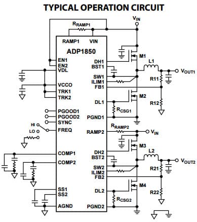 Typical Application Single Phase Circuit for ADP1850 Wide Range Input, Dual/Two-Phase, DC to DC Synchronous Buck Controller