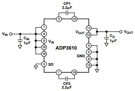 Typical Application Circuit for ADP3610 320 mA Switched Capacitor Voltage Doubler