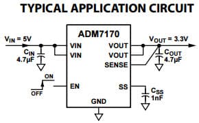 Typical Application for ADM7170 6.5 V, 500 mA, Ultra Low Noise, High PSRR, Fast Transient Response CMOS LDO