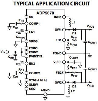 Typical Application for ADP5070 1 A/0.6 A, DC to DC Switching Regulator with Independent Positive and Negative Outputs