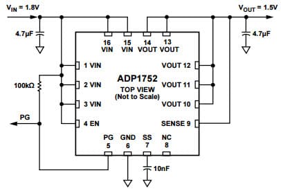 Typical Application Circuit with Fixed Output Voltage, 1.5V for ADP1752ACPZ 0.8A, Low VIN, Low Dropout Linear Regulator