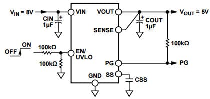 Typical Application Circuit with Fixed Output Voltage, 5V for ADP7105 20V, 500mA, Low Noise LDO Regulator with Soft Start