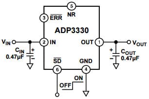 Typical Application for ADP3330 High Accuracy Ultra Low IQ, 200mA, SOT-23, any CAP Low Dropout Regulator