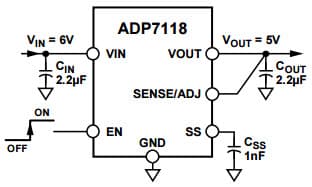 Typical Application with Fixed Output Voltage, 5V for ADP7118 20V, 200mA Low Noise CMOS LDO