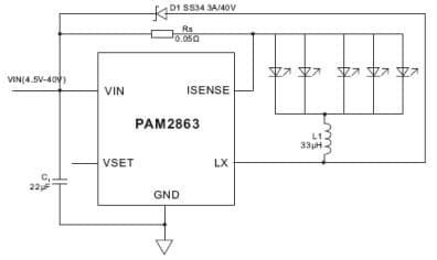 Typical Application for PAM2863 2A LED Driver With Internal Switch