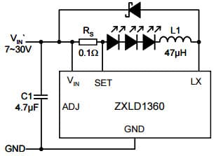 Typical Application for ZXLD1360 30V, 1A LED Driver with AEC-Q100