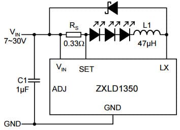 Typical Application for ZXLD1350 30V, 350mA LED Driver with AEC-Q100