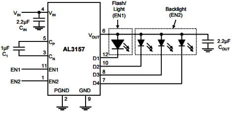 Typical Application for AL3157 High Efficiency 1X/2X Charge Pump LED Driver for Small Screen Backlighting and Flashlight