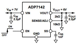 Typical Application with 5V Output Adjusted to 6V for ADP7142 40V, 200mA Low Noise CMOS LDO