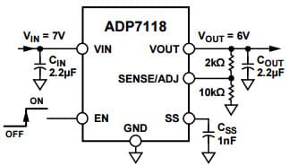 Typical Application with 5V Output Adjusted to 6V for ADP7118 20V, 200mA Low Noise CMOS LDO