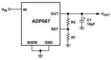 Typical Application for ADP667 Low-Dropout Linear Voltage Regulator for Adjustable Output Circuit