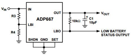 Typical Application for ADP667 Low-Dropout Linear Voltage Regulator for Low Battery/Supply Detect Circuit