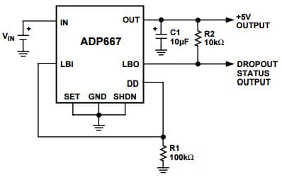 Typical Application for ADP667 Low-Dropout Linear Voltage Regulator for Dropout Status Output