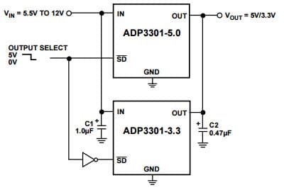 Typical Application for ADP3301 100mA Low Dropout Linear Regulator using as a Crossover Switch