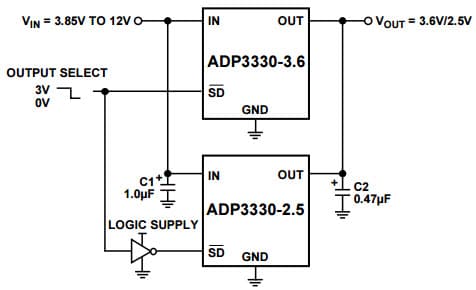 Typical Application for ADP3330 High Accuracy Ultra Low IQ, 200mA, SOT-23, any CAP Low Dropout Regulator using as a Crossover Switch