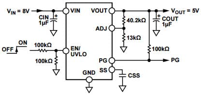 Typical Application Circuit with Adjustable Output Voltage, 5V for ADP7105 20V, 500mA, Low Noise LDO Regulator with Soft Start