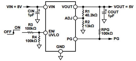 Typical Application Circuit with adjustable output voltage for ADP7102 20V, 300mA Low Noise CMOS LDO Linear Regulator