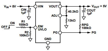 Typical Application Circuit with Adjustable Output Voltage, 5V for ADP7104 20V, 500mA Low Noise CMOS LDO Linear Regulator