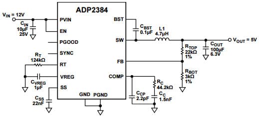 Typical Application Circuit with Programming Switching Frequency at 500 kHz, VIN = 12 V, VOUT = 5 V, IOUT = 4 A, fSW = 500 kHz for ADP2384 20V, 4A, Synchronous Step-Down DC to DC Regulator