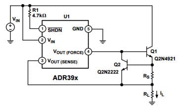 Typical Application for ADR395ART Precision Low Drift 5 V Reference for High Power performance with Current Limit