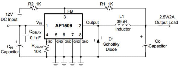 Typical Application Delay Start Circuit for AP1509 2A PWM Buck DC/DC Converter