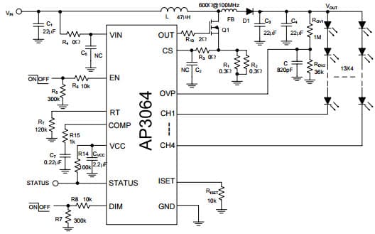 Typical Application for AP3064 Boost Type LED Driver with 4-Channel Current Source