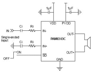 Typical Application for PAM8303C ULTRA LOW EMI, 3W FILTERLESS MONO CLASS-D AUDIO POWER AMPLIFIER With Single-ended Input