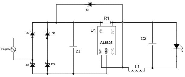 Typical Application for AL8805 High-Efficiency 30V, 1A Buck LED Driver