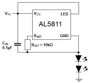 Typical Application for AL5811 60V Linear, 75mA Adjustable Current LED Driver for High Side Current LED String