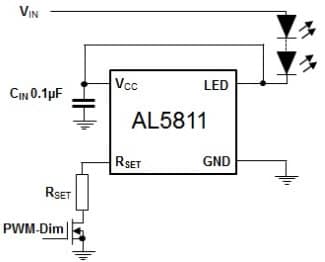 Typical Application for AL5811 60V Linear, 75mA Adjustable Current LED Driver for PWM Dimming