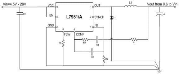 Typical Application for L7981A 3A step-down switching regulator