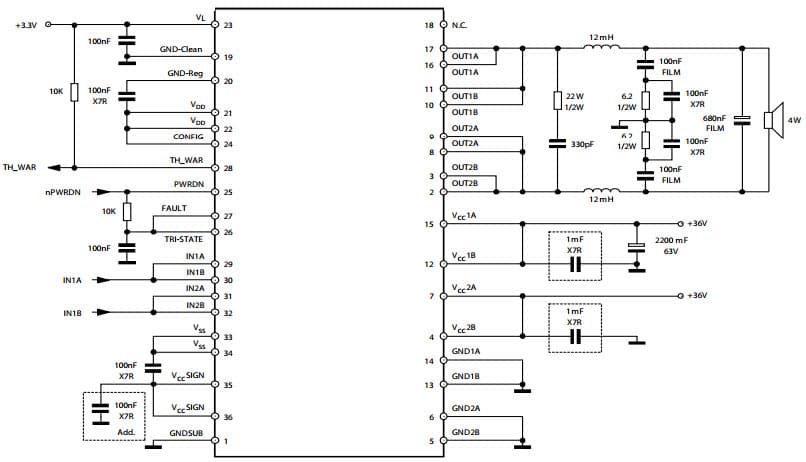 Typical Mono-BTL (PBTL) configuration Circuit for STA516BE, 500W FFX digital amplifier power stage