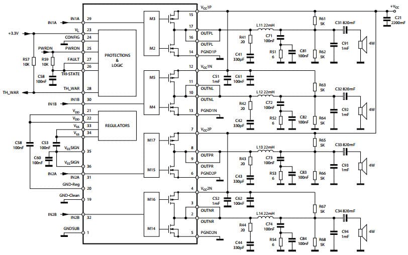 Typical quad half-bridge configuration (Quad Single Ended) Circuit for STA516BE, 500W FFX digital amplifier power stage