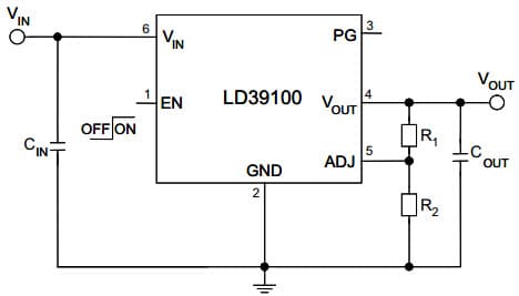 Adjustable Output Typical Application for LD39100PUR 1A Low Quiescent Current, Low-Noise Voltage Regulator