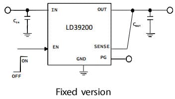 Typical application schematic for LD39200, 2A high PSRR ultra fixed low drop linear regulator with reverse current protection