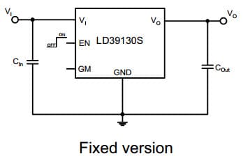 Typical Application for LD39130S 300mA very low quiescent current fixed linear regulator IC with the automatic green mode