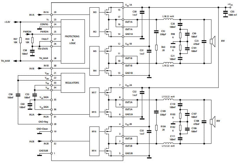 Typical Audio Application Circuit (dual BTL) for STA516BE, 500W FFX digital amplifier power stage