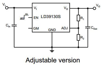 Typical Application for LD39130S 300mA very low quiescent current adjustable linear regulator IC with the automatic green mode