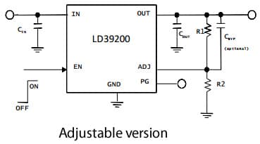 Typical application schematic for LD39200, 2A high PSRR ultra adjustable low drop linear regulator with reverse current protection