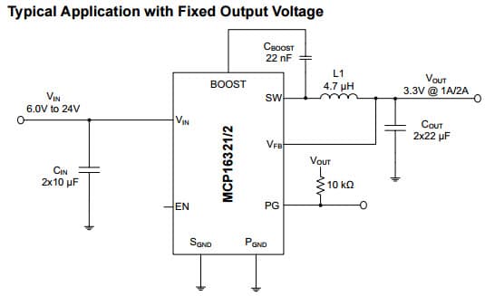 Typical Application with Fixed Output Voltage for MCP16322 24V Input, 2A Output, High Efficiency Synchronous Buck Regulator with Power Good Indication