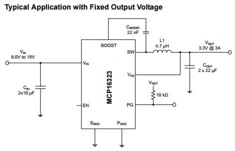 Typical Application with Fixed Output Voltage for MCP16323 18V Input, 3A Output, High Efficiency Synchronous Buck Regulator