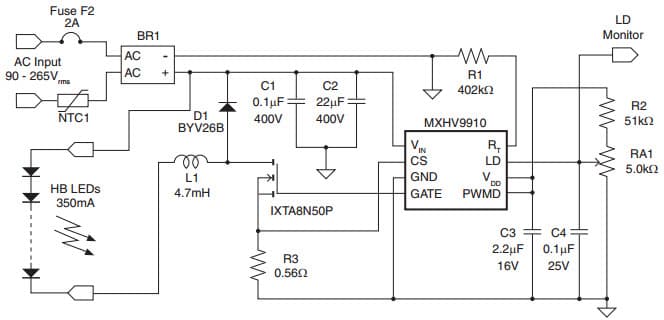 Typical Linear Dimming Application Circuit for MXHV9910BTR Off-Line, High Brightness LED Driver