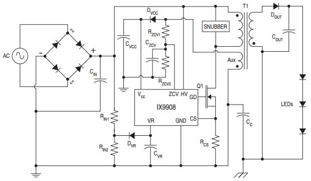 Typical Application for IX9908 High Voltage, Dimmable LED Driver with PFC Control