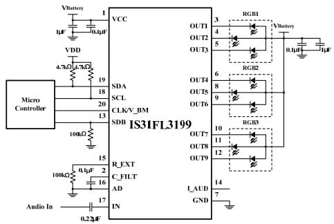 Typical Application Circuit for IS31FL3199 9-Channel Light Effect LED Driver