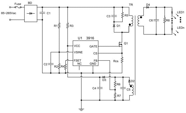 Typical Operating Isolated Circuit for IS31LT3916 Offline LED driver with active PFC and primary side sensing