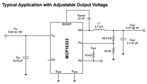 Typical Application with Adjustable Output Voltage for MCP16323 18V Input, 3A Output, High Efficiency Synchronous Buck Regulator