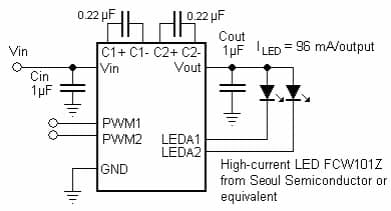 Typical Application for LDS8621, 200 mA, Dual Output LED Flash/Lamp Driver