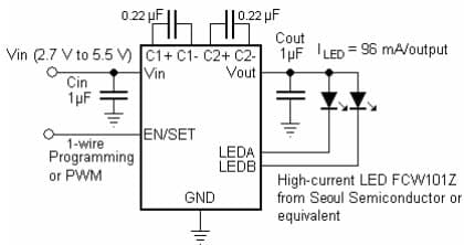 Typical Application for LDS8620 200 mA, Dual Output LED Flash/Lamp Driver